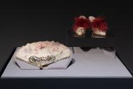 J. Duvelleroy silk fan, 1890s, and Manolo Blahnik silk and feather mules, 1998