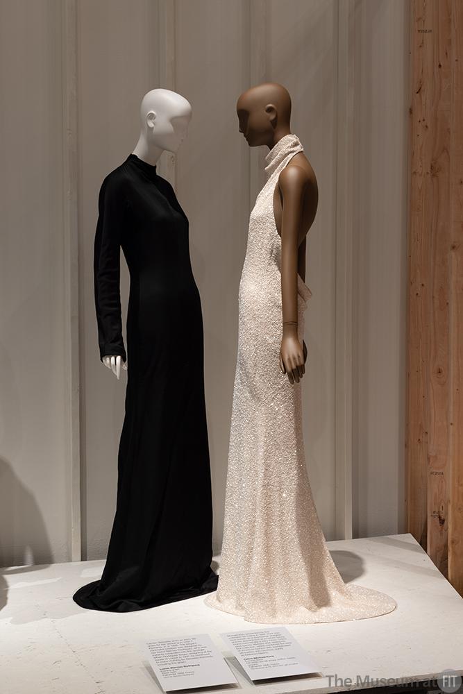 A detail of The Revival of Luxury section, featuring designs by Narciso Rodriguez for Loewe (left) and Michael Kors for Céline (right). 