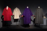 Dior + Balenciaga, Left to right 70.64.1 (red coat), muslin Toile by Ellen Shanley, former MFIT curator, 71.265.20 (purple coat), 93.61.1 (grey coat)