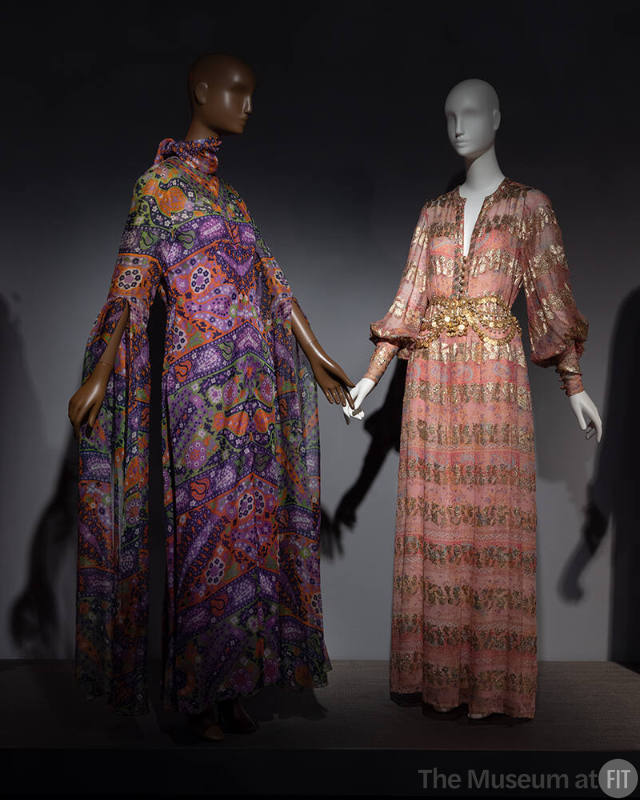 Dior + Balenciaga, Left to right 73.73.1 (multicolor evening dress and scarf), 80.58.5 (printed pink and gold metallic evening dress)