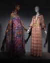 Dior + Balenciaga, Left to right 73.73.1 (multicolor evening dress and scarf), 80.58.5 (printed pink and gold metallic evening dress)