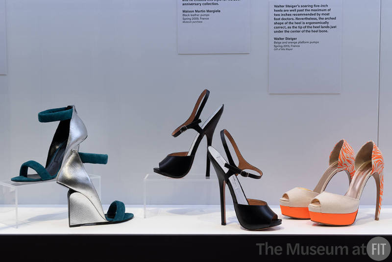 A selection of shoes from the Anatomy section. From left to right: wedges by Pierre Hardy from 2015, high heels by Maison Martin Margiela, 2009, and high heels Walter Steiger, 2013. 