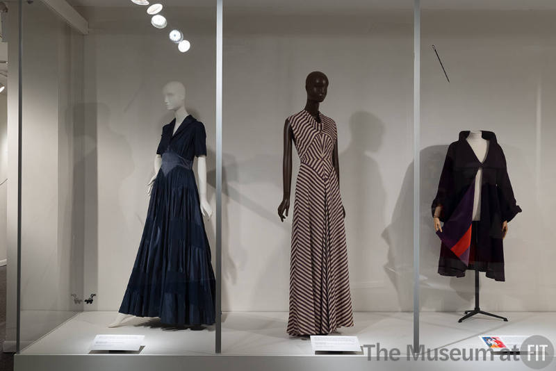 Elizabeth Hawes, Left to right 69.156.5 (blue evening dress), 69.156.6 (striped evening dress), 76.130.1 (coat)