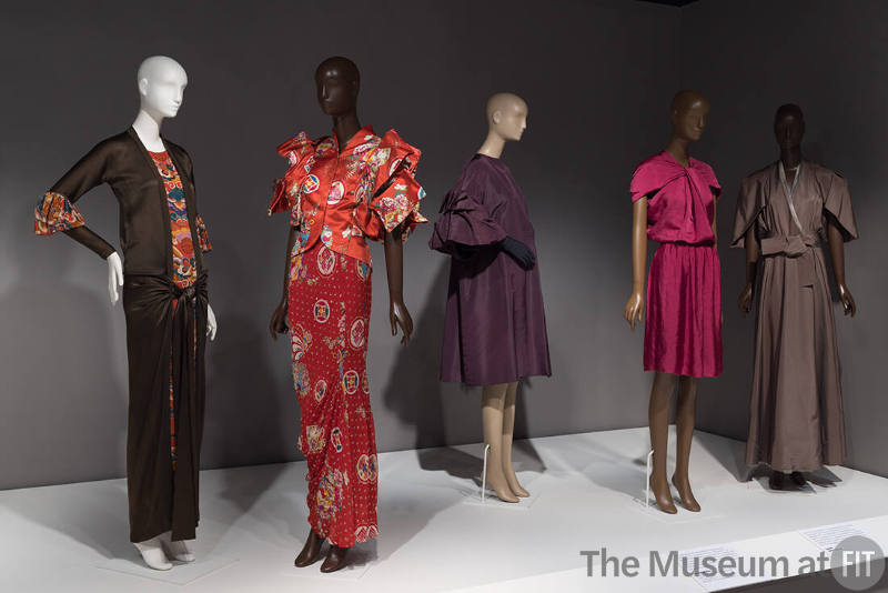 From left to right: evening ensemble by Milgrim, 1924 (74.72.12); dress by Christian Dior Boutique, fall 2003 (2022.65.6); coat by Christian Dior, 1953 (71.267.3); dress by Lanvin, spring 2009 (2018.59.1); dress by Isabel Toledo, spring 2002 (2010.1.48)