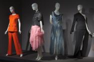 Fashion A-Z (II)_09 Left to right 81.132.4 (pantsuit), 2005.49.1 (ensemble), 2010.37.12 (denim dress), 97.71.1 (ensemble)