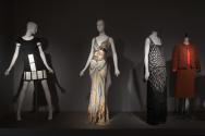 Fashion A-Z (I)_05 Left to right 91.128.10 (dress), 2003.45.1 (corset dress), 79.18.2 (dress), 80.261.2 (suit)