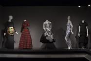 Fashion A-Z (I)_15 Left to right 82.55.2 (dress), 76.173.1 (striped dress), 2010.61.1 (dress), 2011.13.1 (metallic dress), 99.34.1 (dress)