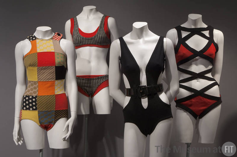 Sporting Life_26 Left to right P92.42.20 (swimsuit), 82.152.59 (bikini), 83.91.2 (black swimsuit), 82.153.57 (criss cross swimsuit)