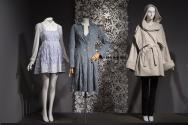 Eco-Fashion_03 Left to right 2010.43.1 (dress), 2010.19.1 (ensemble), 2005.27.1 (textile wall), 2010.16.1 (coat ensemble)