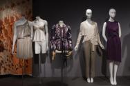 Eco-Fashion_48 Left to right 2005.79.1 (textile wall), 2010.47.1 (dress), 2010.17.1 (lingerie), 2010.42.1 (shirt), 2010.16.2 (ensemble), 2010.39.1 (dress)