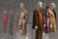 YSL+Halston_12 Left to right 78.257.23 (dress), 81.65.19 (pantsuit), 82.193.4 (tan coat dress), 82.80.5 (hat), 78.242.170 (purple coat ensemble)