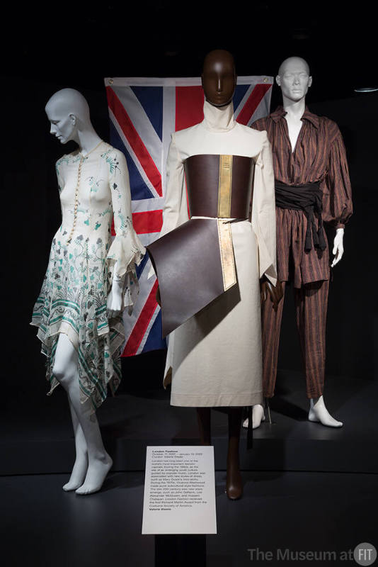 Exhibitionism_8 Left to right 87.52.1 (dress), 2002.19.1 (ensemble), 87.52.5 (pants ensemble) 