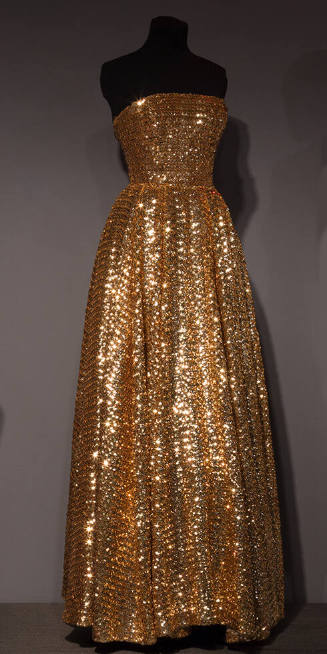 Gold allover sequinned strapless floor length evening dress with fitted bodice and full skirt