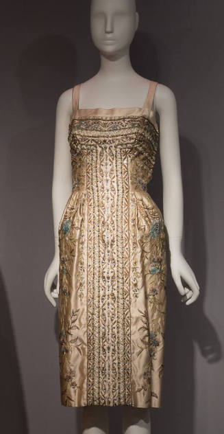 Ivory cocktail dress embroidered in metallic floral design, blue feathers and beads with thin c…
