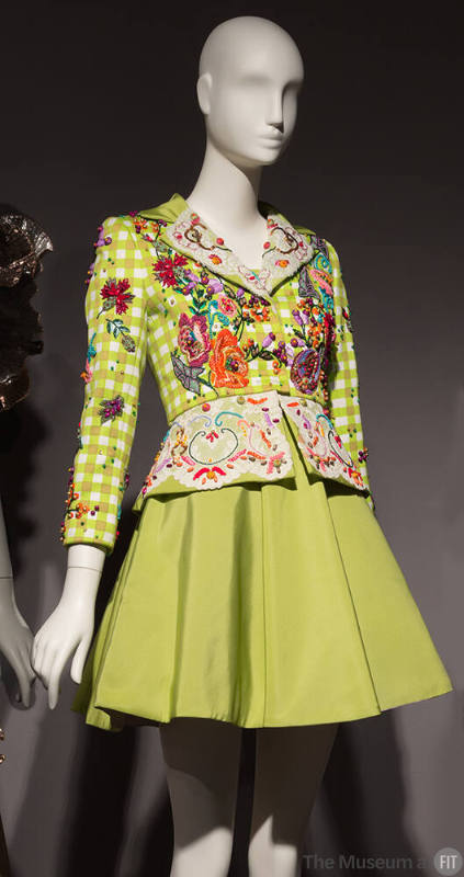 Chartreuse, tan, and white check jacket and emroidered multicolor floral design with matching b…