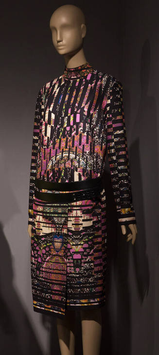 Multicolor abstract print long sleeve dress with asymmetrical wrap skirt and black leather belt…