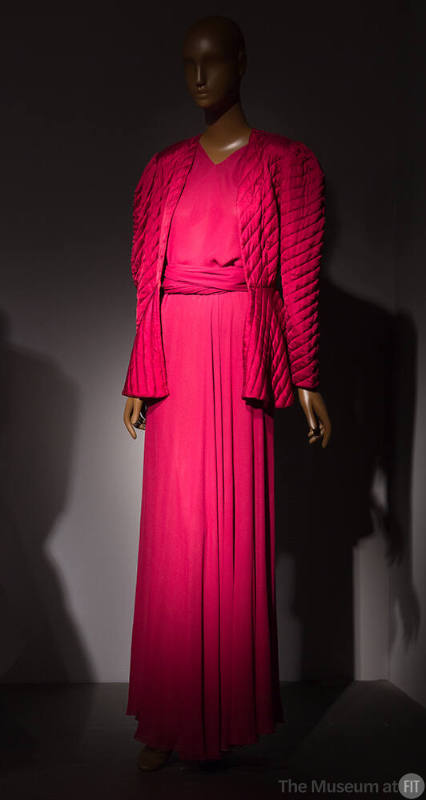 Two-piece dark red evening gown: wrap halter top, matching floor length skirt