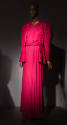 Two-piece dark red evening gown: wrap halter top, matching floor length skirt