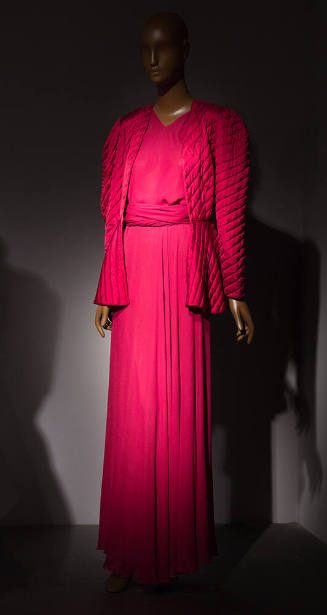 Two-piece dark red evening gown: wrap halter top, matching floor length skirt
