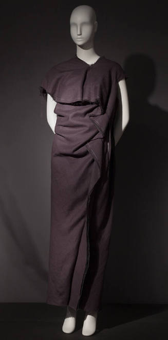 Grey deconstructed, asymmetrical, floor legnth dress with contrast white tailors' tacks and exp…