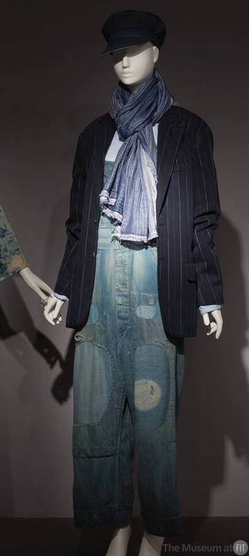 Blue and white striped navy blue blazer, distressed and patched denim overalls, blue and white …