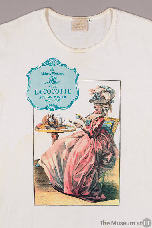 White t-shirt with printed design of 18th c woman drinking tea with text, "Vivienne Westwood vi…