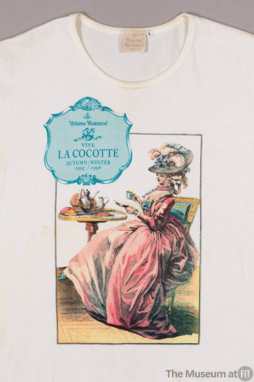 White t-shirt with printed design of 18th c woman drinking tea with text, "Vivienne Westwood vi…