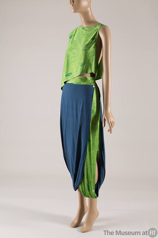 Green and blue silk open sided sleeveless top and matching calf length skirt