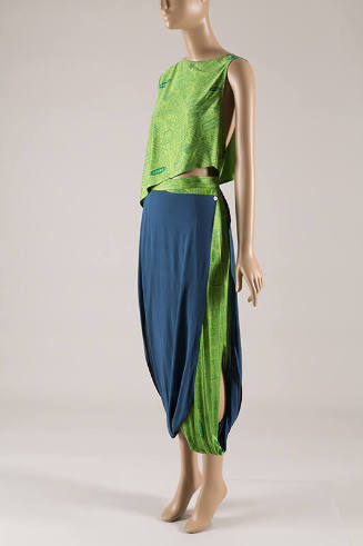 Green and blue silk open sided sleeveless top and matching calf length skirt
