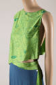 Detail of green with blue Chinese print sleeveless open sided top and matching skirt