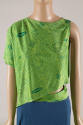 Front detail of green with blue Chinese print sleeveless open sided top and coordinating skirt