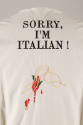 Back view of off-white vest with embroidered pasta and sauce and text Sorry, I'm Italian! at up…