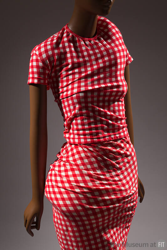 Red and white gingham t-shirt with padding throughout to create distorted shape and matching sk…