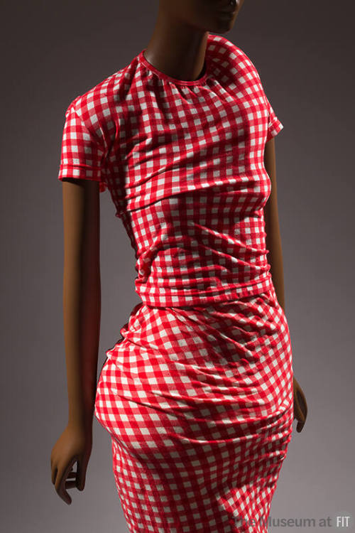 Red and white gingham t-shirt with padding throughout to create distorted shape and matching sk…