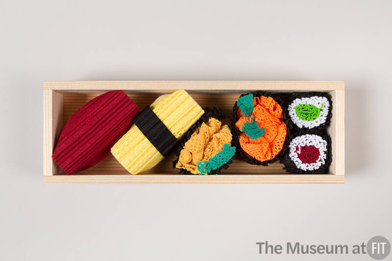 Wood Bento box with six hair accessories in sushi and sashimi shapes