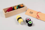 Alternate view of wood Bento box with six hair accessories in sushi and sashimi shapes