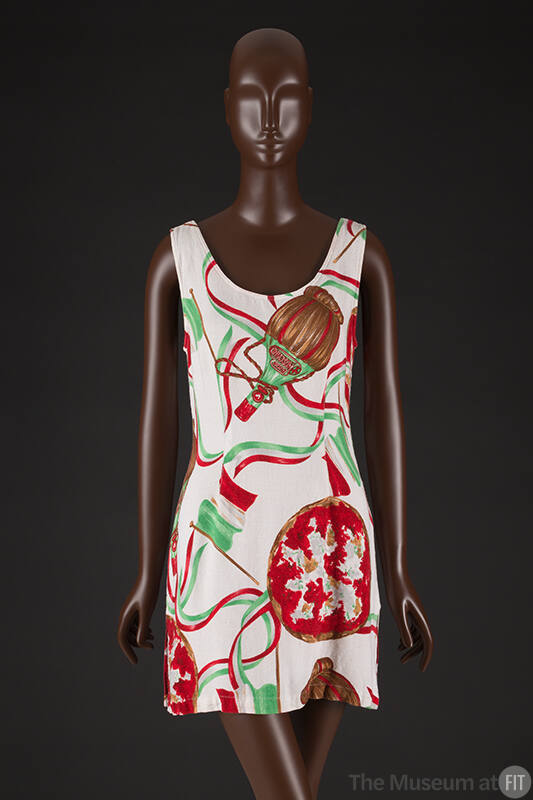 Sleeveless white mini dress with red and green pizzas, wine bottles and Italian flag print 