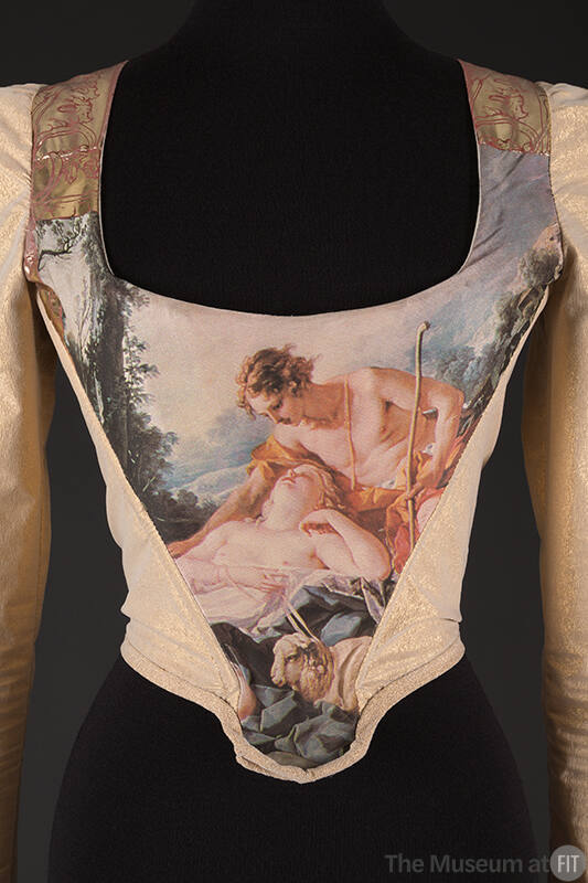 Beige corset top with painting print of nude male and female at front, gold long sleeves