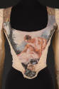 Beige corset top with painting print of nude male and female at front, gold long sleeves