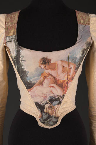 Beige corset top with painting print of nude male and female at front, gold long sleeves