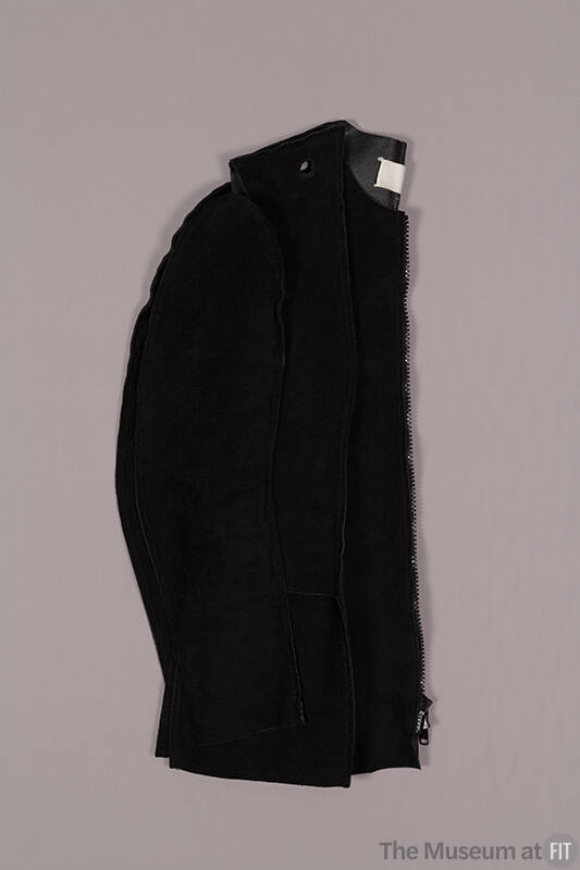 Folded view of black suede long sleeve zip front jacket 