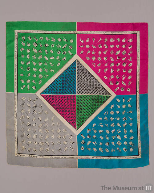 Silk scarf with green, pink, grey and blue squares with drawings of French cultural items, cent…