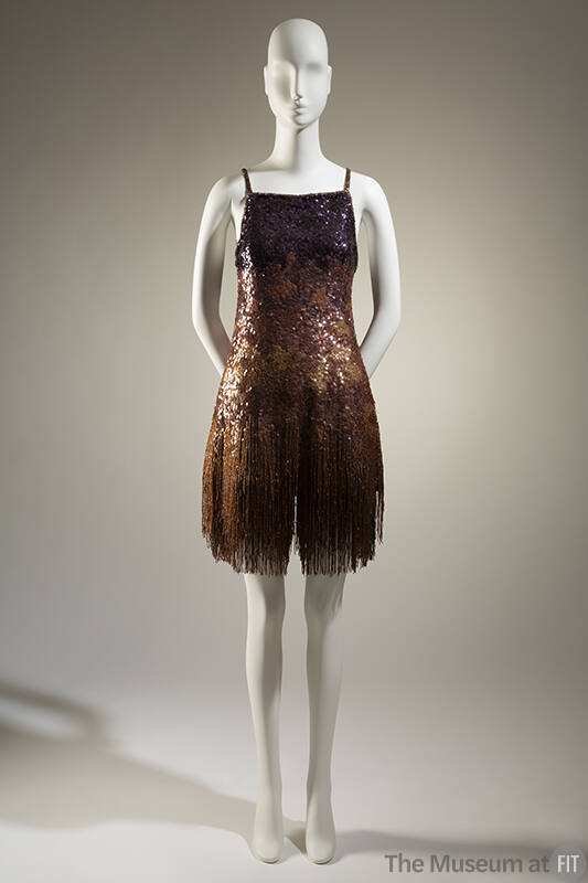 Purple, gold and orange sequins camisole tunic with seed bead fringe hem 