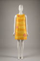 Front View: Sleeveless yellow knee-length dress with horizontal wavy orange sections and inters…