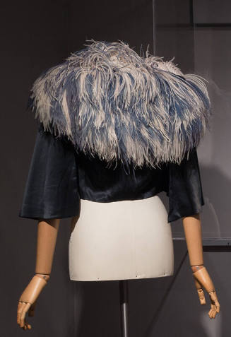 Blue bolero jacket with large blue ostrich feather collar