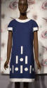 Blue dress with white trim; dot and dash pattern at lower front