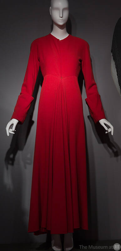 Long, red flared evening coat, cuffed kimono sleeve variation