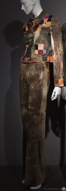 Green suede, leather patchwork jacket with matching bell bottom pants