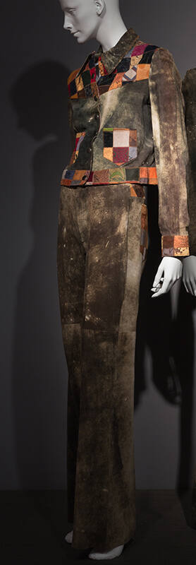 Green suede, leather patchwork jacket with matching bell bottom pants