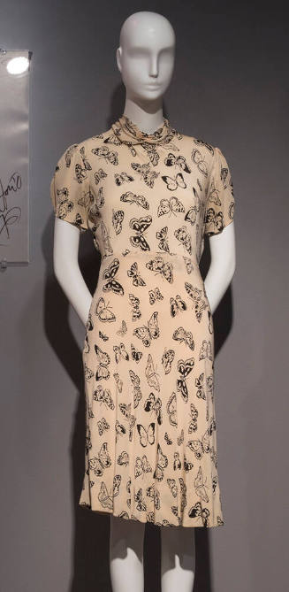 Ivory knee length dress with black butterfly print and turtleneck collar